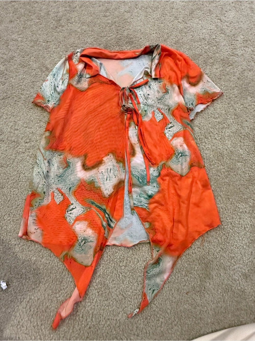 SHEIN Orange Marble Tie-Front Short Sleeve Top